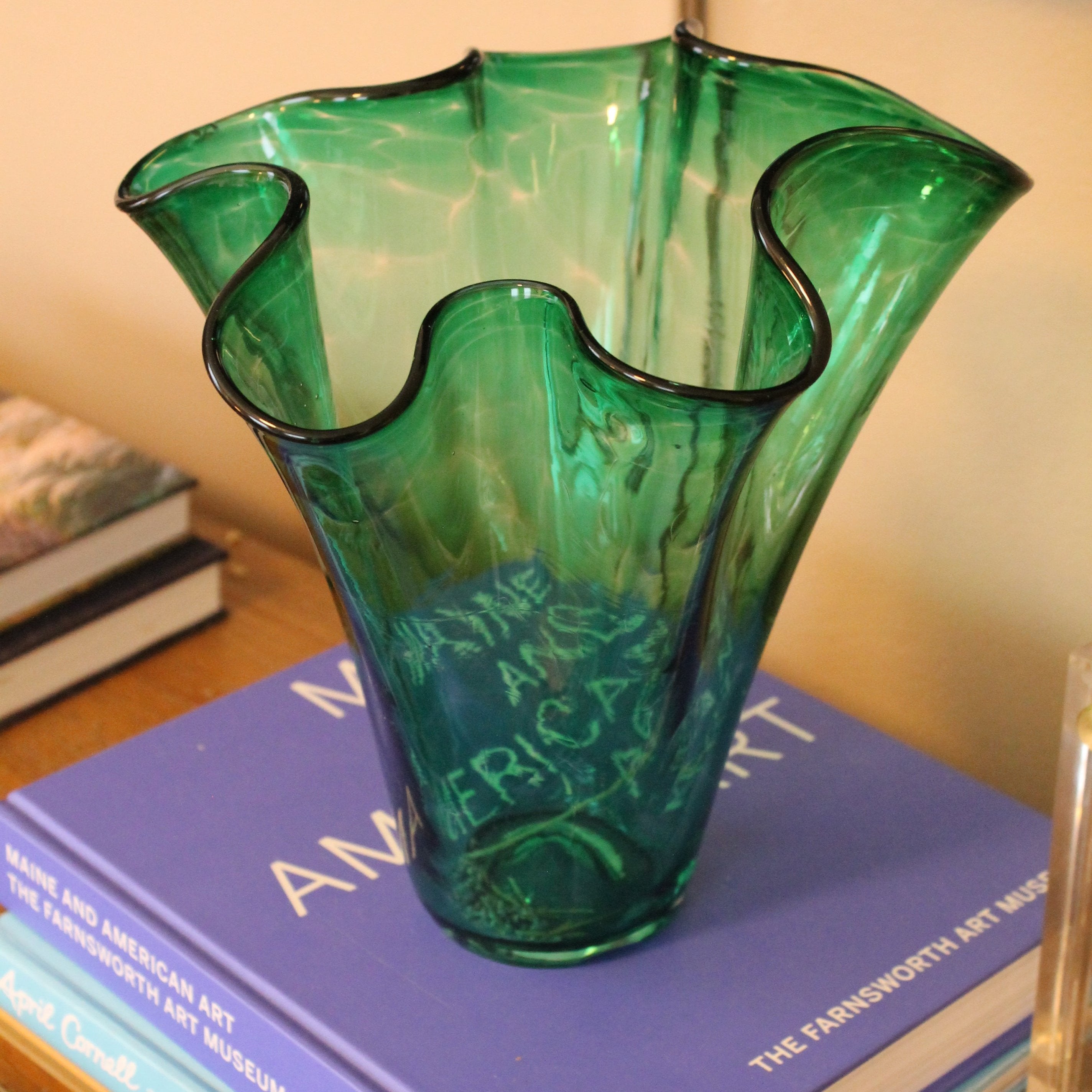 Green Art Glass Fazzoletto Vase 10" at tallest; 9 1/2" at widest / Green