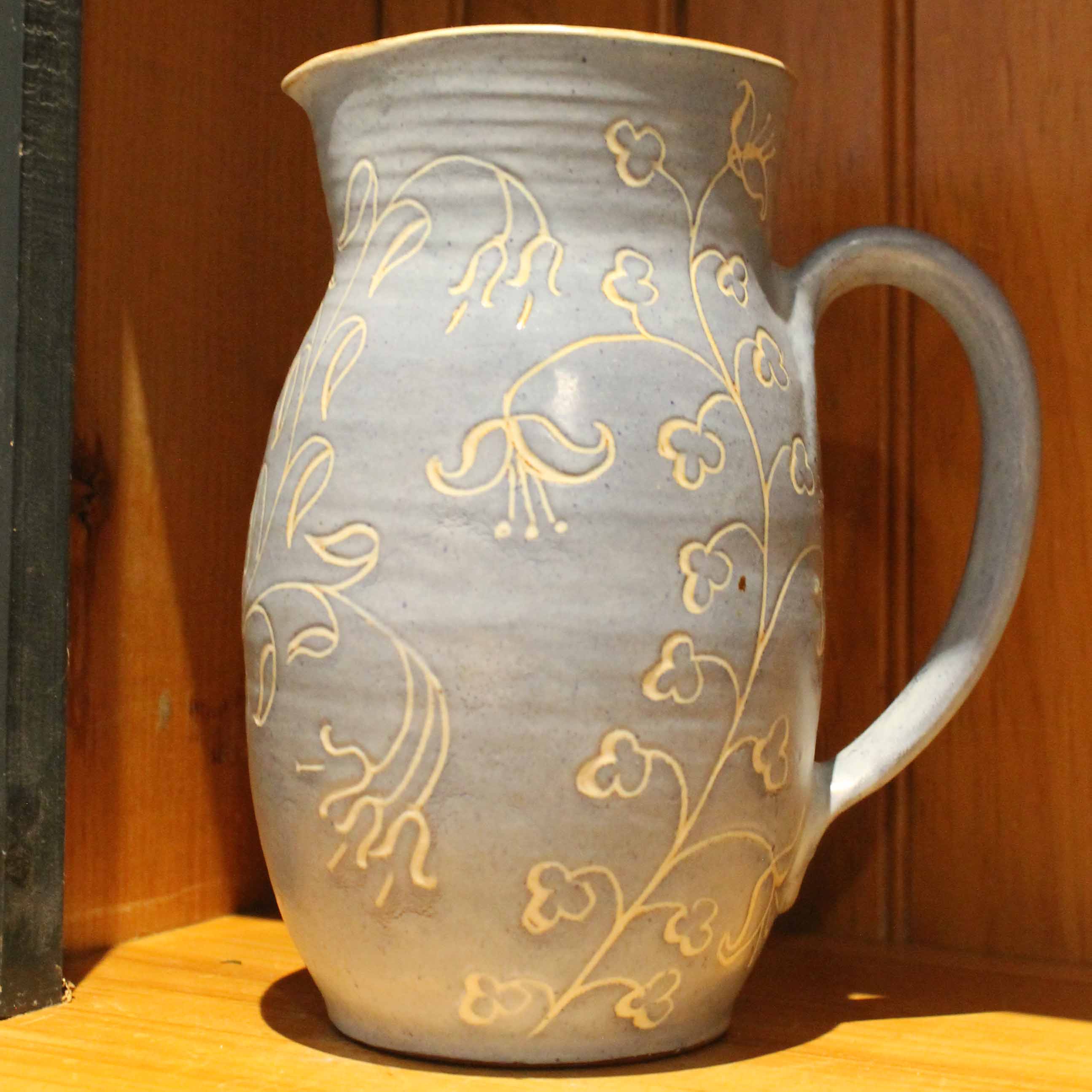 Blue Sgraffito Floral Handmade Pitcher