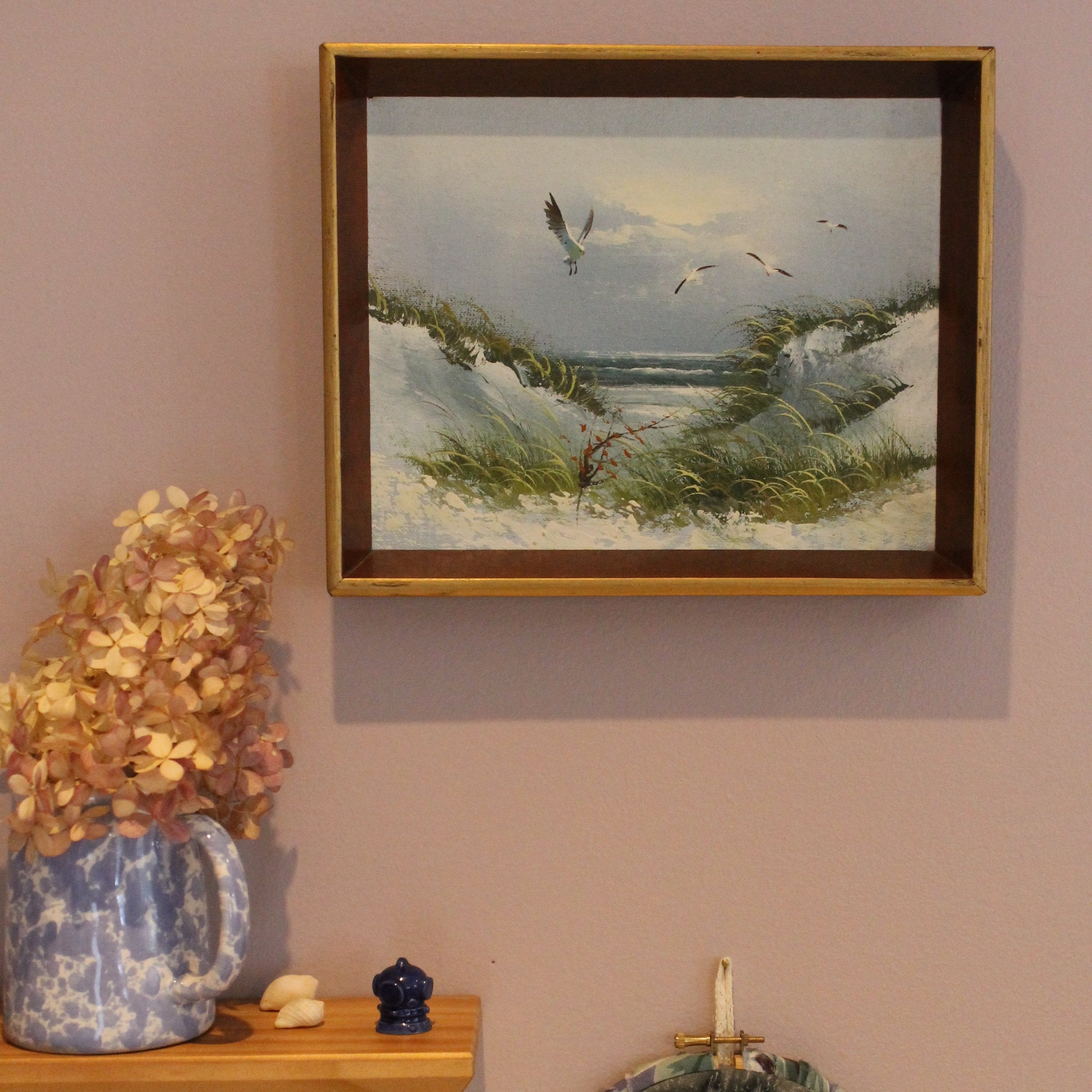 Seagull Original Oil on Canvas Painting frame depth: 1.5"; 8 7/8" h; 10 7/8" w / Blue