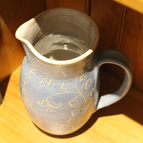 Blue Sgraffito Floral Handmade Pitcher